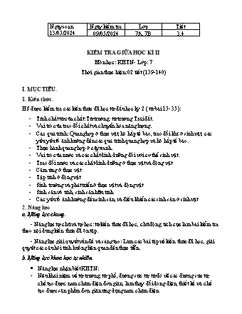 Kế hoạch bài dạy Khoa học tự nhiên 7 (Cánh diều) - Tuần 9 - Kiểm tra giữa học kì 2 - Năm học 2023-2024 - Trường THCS Nguyễn Chuyên Mỹ