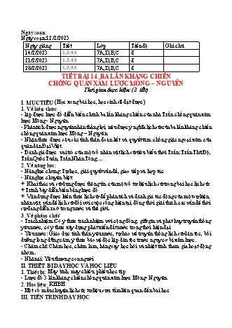 Kế hoạch bài dạy Lịch sử 7 (Kết nối tri thức) - Bài 14: Ba lần kháng chiến chống quân xâm lược Mông Nguyên - Năm học 2022-2023 - Trường THCS Nguyễn Chuyên Mỹ