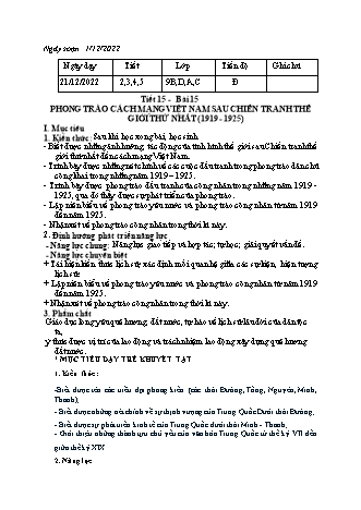 Kế hoạch bài dạy Lịch sử 7 (Kết nối tri thức) - Bài 15: Phong trào cách mạng Việt Nam sau chiến tranh thế giới thứ nhất (1919-1925) - Năm học 2022-2023 - Trường THCS Nguyễn Chuyên Mỹ