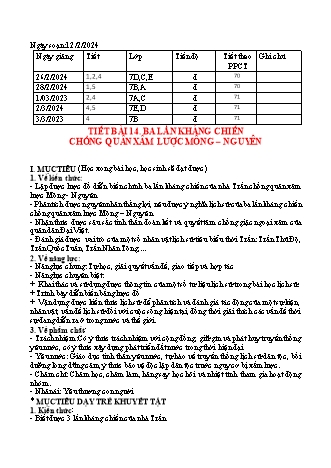 Kế hoạch bài dạy Lịch sử và Địa lí 7 (Kết nối tri thức) - Bài 14: Ba lần kháng chiến quân xâm lược Mông Nguyên - Năm học 2023-2024 - Trường THCS Nguyễn Chuyên Mỹ