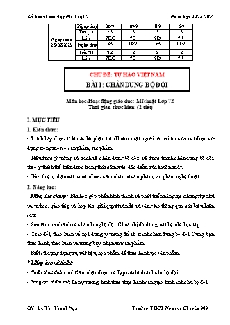 Kế hoạch bài dạy Mĩ thuật 7 (Cánh diều) - Bài 1: Chân dung bộ đội - Năm học 2023-2024 - Lê Thị Thanh Nga
