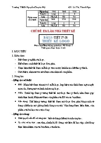 Kế hoạch bài dạy Mĩ thuật 7 (Cánh diều) - Bài 13: Em làm nhà thiết kế - Năm học 2023-2024 - Lê Thị Thanh Nga