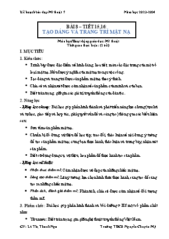 Kế hoạch bài dạy Mĩ thuật 7 (Cánh diều) - Bài 8: Tạo dáng và trang trí mặt nạ - Năm học 2023-2024 - Lê Thị Thanh Nga
