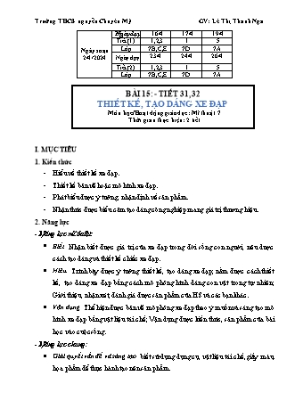 Kế hoạch bài dạy Mĩ thuật 7 (Cánh diều) - Tiết 31+32 - Bài 15: Thiết kế, tạo dáng xe đạp - Năm học 2023-2024 - Lê Thị Thanh Nga