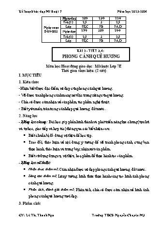 Kế hoạch bài dạy Mĩ thuật 7 (Cánh diều) - Tiết 3+4 - Bài 2: Phong cảnh quê hương - Năm học 2023-2024 - Lê Thị Thanh Nga