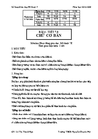 Kế hoạch bài dạy Mĩ thuật 7 (Cánh diều) - Tiết 7+8 - Bài 4: Chữ cơ bản - Năm học 2023-2024 - Lê Thị Thanh Nga