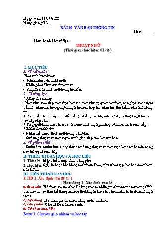 Kế hoạch bài dạy Ngữ Văn 7 (Cánh diều) - Bài 10: Văn bản thông tin  Thuật ngữ - Năm học 2022-2023 - Trường THCS Nguyễn Chuyên Mỹ