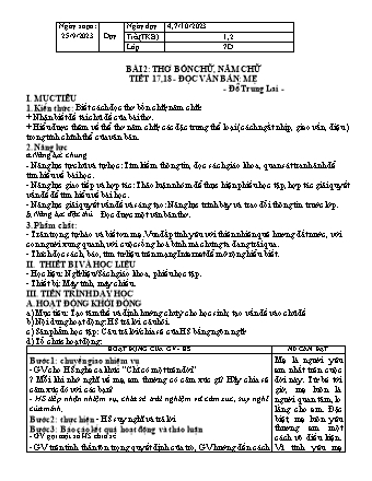 Kế hoạch bài dạy Ngữ Văn 7 (Cánh diều) - Bài 2: Thơ bốn chữ, năm chữ. Đọc hiểu văn bản Mẹ - Năm học 2023-2024 - Trường THCS Nguyễn Chuyên Mỹ