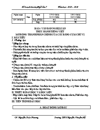 Kế hoạch bài dạy Ngữ Văn 7 (Cánh diều) - Bài 4: Mở rộng thành phần chính của câu bằng cụm chủ vị - Năm học 2023-2024 - Nguyễn Thảo Phương
