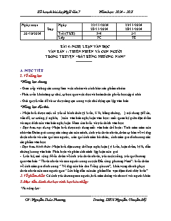 Kế hoạch bài dạy Ngữ Văn 7 (Cánh diều) - Bài 4: Thiên nhiên và con người và con người trong truyện Đất rừng phương nam - Năm học 2024-2025 - Nguyễn Thảo Phương