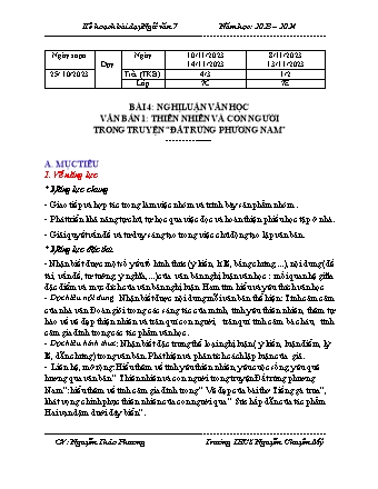 Kế hoạch bài dạy Ngữ Văn 7 (Cánh diều) - Bài 4: Thiên nhiên và con người và con người trong truyện Đất rừng phương nam - Năm học 2023-2024 - Nguyễn Thảo Phương