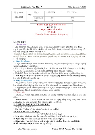 Kế hoạch bài dạy Ngữ Văn 7 (Cánh diều) - Bài 5: Đọc hiểu văn bản Ca Huế - Năm học 2024-2025 - Phạm Thị Quỳnh