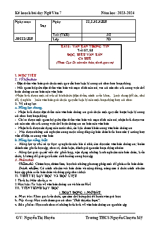 Kế hoạch bài dạy Ngữ Văn 7 (Cánh diều) - Bài 5: Đọc hiểu văn bản Ca Huế - Năm học 2023-2024 - Nguyễn Thị Huyền