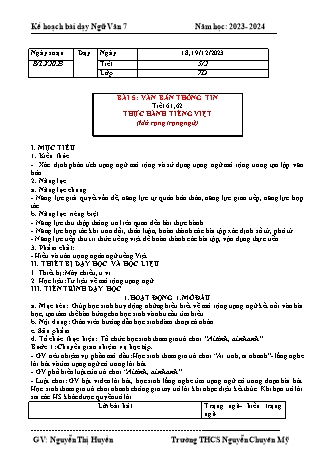 Kế hoạch bài dạy Ngữ Văn 7 (Cánh diều) - Bài 5: Văn bản thông tin - Năm học 2023-2024 - Nguyễn Thị Huyền