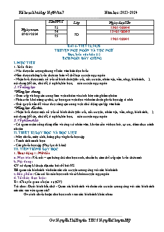 Kế hoạch bài dạy Ngữ Văn 7 (Cánh diều) - Bài 6: Truyện ngụ ngôn và tục ngữ. Đọc hiểu văn bản Ếch ngồi đáy giếng - Năm học 2023-2024 - Nguyễn Thị Huyền