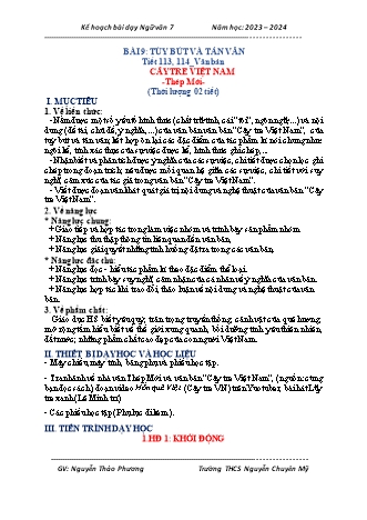 Kế hoạch bài dạy Ngữ Văn 7 (Cánh diều) - Bài 9: Tùy bút và tản văn. Đọc hiểu văn bản Cây tre Việt Nam - Năm học 2023-2024 - Nguyễn Thảo Phương