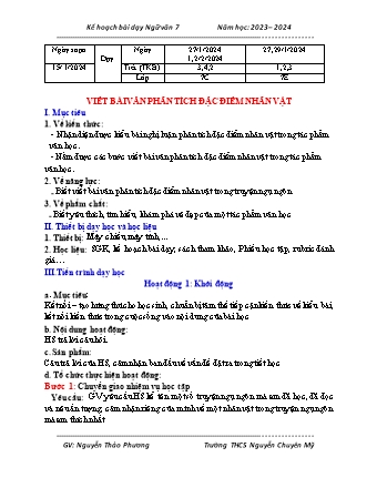 Kế hoạch bài dạy Ngữ Văn 7 (Cánh diều) - Bài: Viết bài văn phân tích đặc điểm nhân vật - Năm học 2023-2024 - Nguyễn Thảo Phương