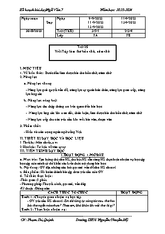 Kế hoạch bài dạy Ngữ Văn 7 (Cánh diều) - Bài (Viết): Tập làm thơ bốn chữ, năm chữ - Năm học 2023-2024 - Phạm Thị Quỳnh