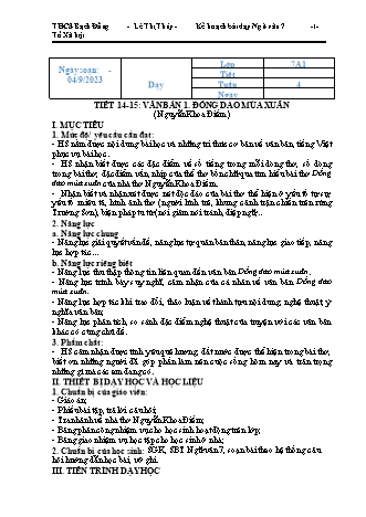 Kế hoạch bài dạy Ngữ văn 7 - Tiết 14+15 - Văn bản 1: Đồng dao mùa xuân - Lê Thị Thúy