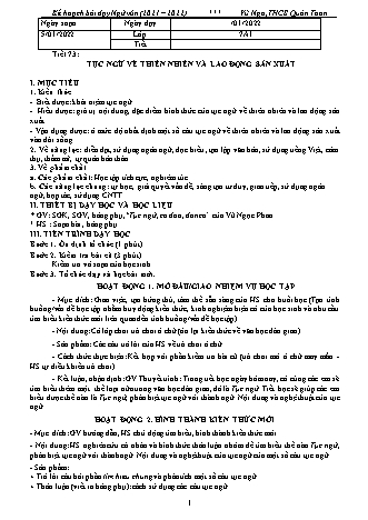 Kế hoạch bài dạy Ngữ văn 7 - Tuần 21+22 - Năm học 2021-2022 - Trường THCS Quán Toan