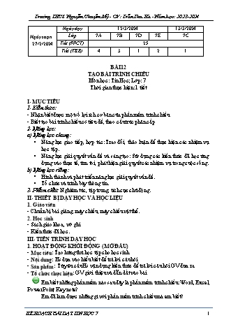 Kế hoạch bài dạy Tin học 7 (Cánh diều) - Bài 12: Tạo bài trình chiếu - Năm học 2023-2024 - Trần Thu Hà