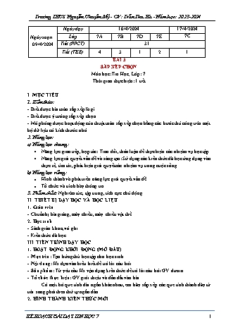 Kế hoạch bài dạy Tin học 7 (Cánh diều) - Bài 3: Sắp xếp chọn - Năm học 2023-2024 - Trần Thu Hà