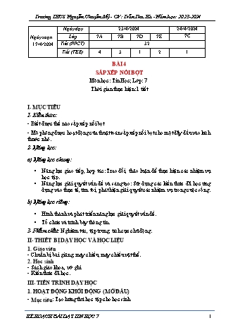 Kế hoạch bài dạy Tin học 7 (Cánh diều) - Bài 4: Sắp xếp nổi bọt - Năm học 2023-2024 - Trần Thu Hà
