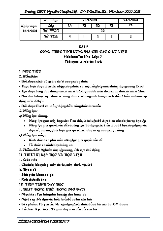 Kế hoạch bài dạy Tin học 7 (Cánh diều) - Bài 7: Công thứ tính dùng địa chỉ các ô dữ liệu - Năm học 2022-2023 - Trần Thu Hà