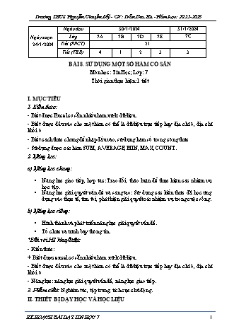 Kế hoạch bài dạy Tin học 7 (Cánh diều) - Bài 8: Sử dụng một số hàm có sẵn - Năm học 2022-2023 - Trần Thu Hà