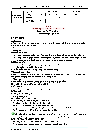 Kế hoạch bài dạy Tin học 7 (Cánh diều) - Bài 9: Định dạng trang tính và in - Năm học 2023-2024 - Trần Thu Hà