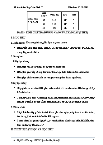 Kế hoạch bài dạy Toán 7 (Cánh diều) - Bài 13: Tính chất ba đường cao của tam giác - Năm học 2023-2024 - Ngô Mai Hương