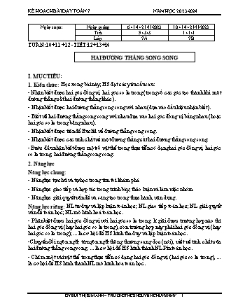 Kế hoạch bài dạy Toán 7 (Cánh diều) - Tuần 10-14 - Bài: Hai đường thẳng song song - Năm học 2023-2024 - Bùi Thi Kim Anh