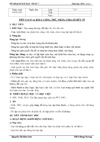 Kế hoạch bài dạy Toán 7 (Kết nối tri thức) - Bài 2: Cộng, trừ, nhâ, chia số hữu tỉ - Nguyễn Thị Kim Liên