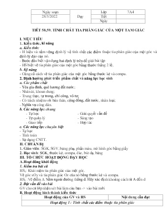 Kế hoạch bài dạy Toán 7 - Tiết 58+59 - Bài: Tính chất tia phân giác của một tam giác - Trường THCS Bạch Đằng